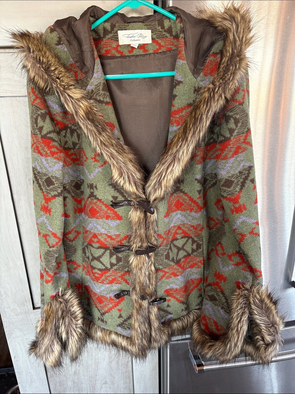 Tasha polizzi Patterned Hooded coat with Faux Fur Trim - Green & Red brown sz m